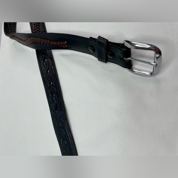 Black and Brown Braided Leather Belt Silver Buckle - Picture 3 of 8